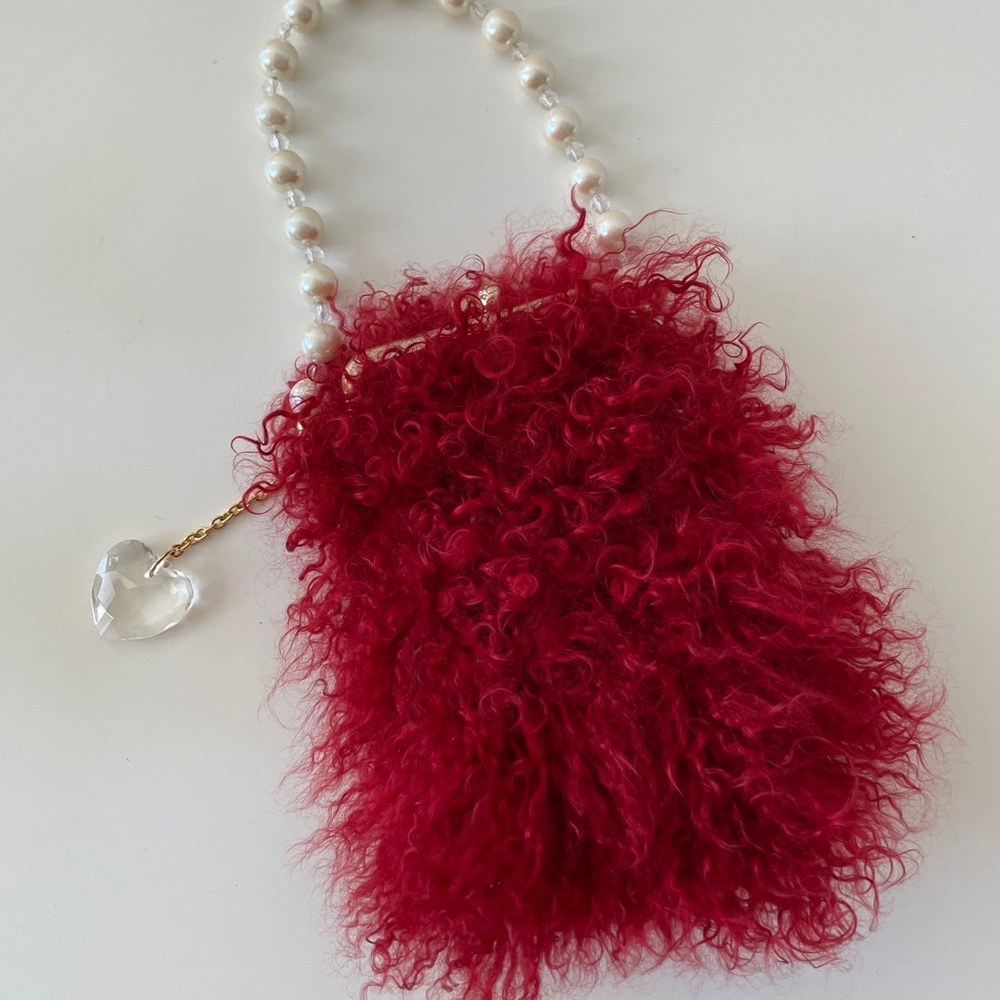 Samantha Vega Red Fluffy purse with Pearl Strap